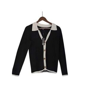 NWT Cable & Gauge Classic Black White Trim Collared Knit Cardigan Button Front M